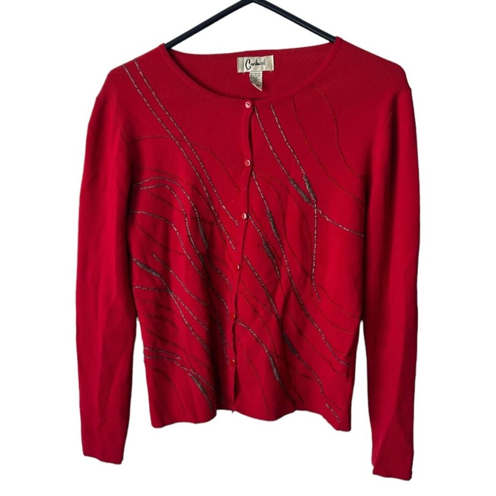 Carducci Vintage Red Beaded Long Sleeve Stretch Sweater Cardigan Women's Small